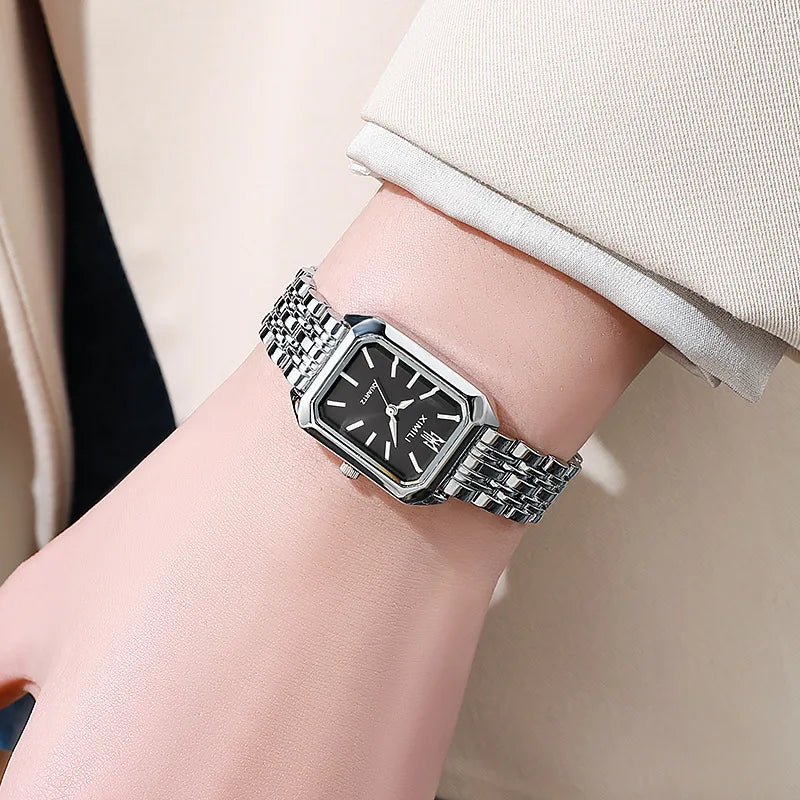 Silver-tone rectangle quartz watch, blue dial variant