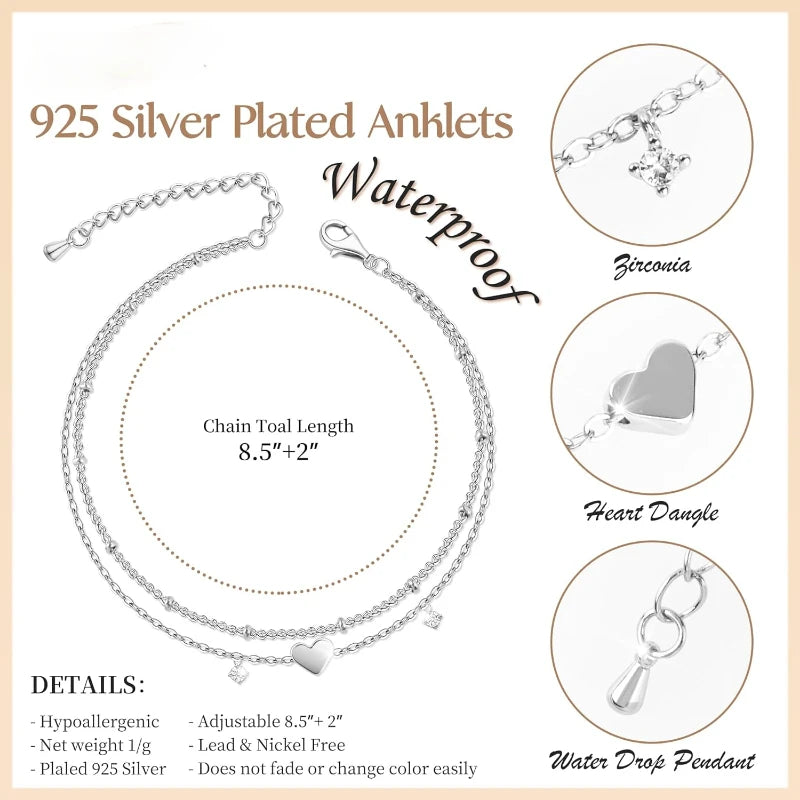 Silver-tone heart charm layered anklet, additional angle, Varex HQ