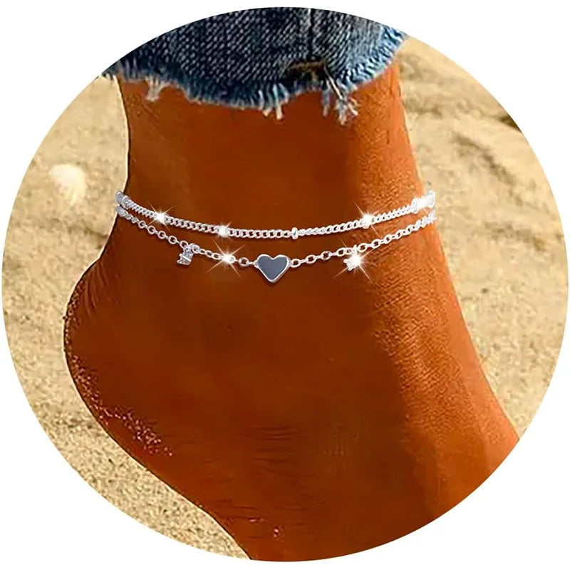 Heart charm layered anklet, layered chain detail, Varex HQ