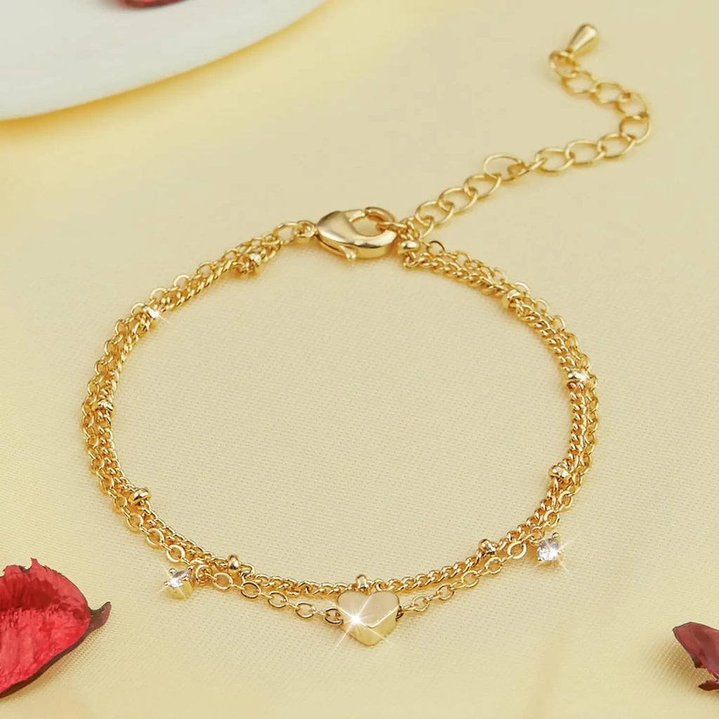 Heart charm layered anklet, silver-tone and gold-tone options, Varex HQ