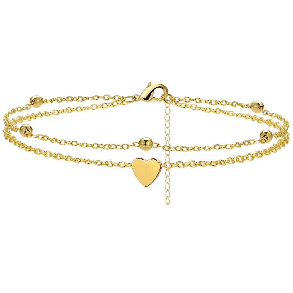 Heart charm layered anklet, full product view, Varex HQ