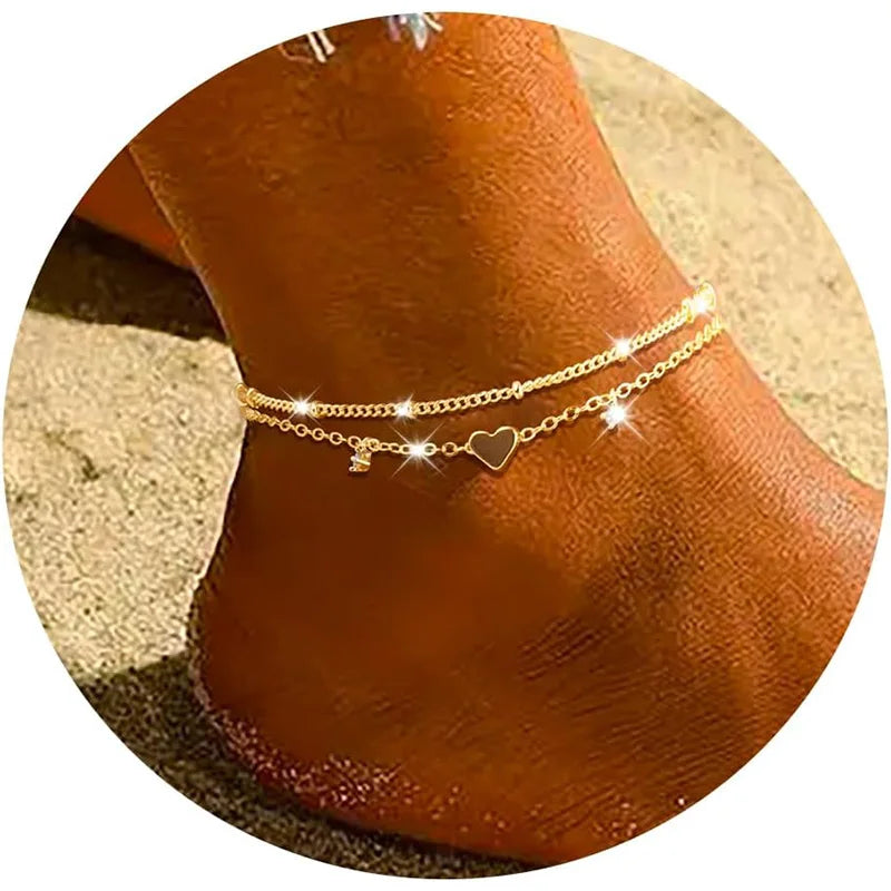 Gold-tone heart charm layered anklet with cubic zirconia, Varex HQ