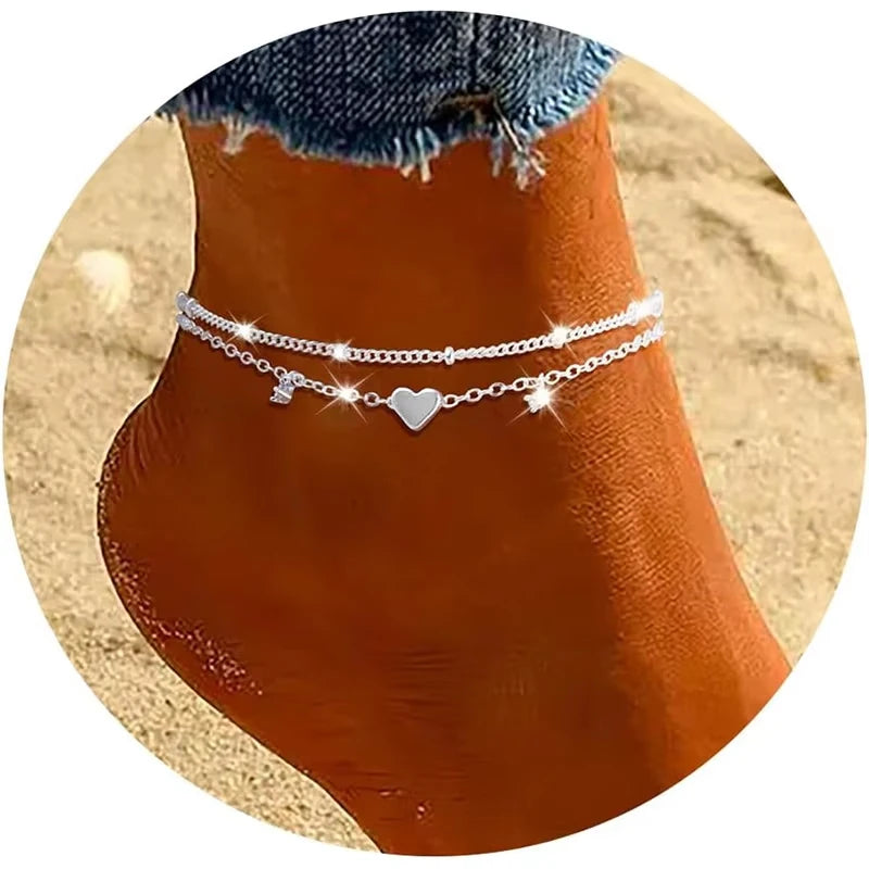 Silver-tone heart charm layered anklet with cubic zirconia, Varex HQ