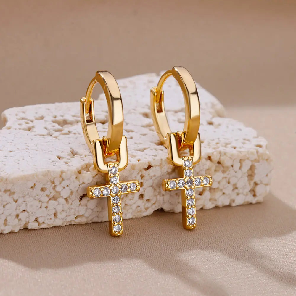 Heart hoop earrings in stainless steel with cubic zirconia heart accent, styling angle 3 - Varex HQ