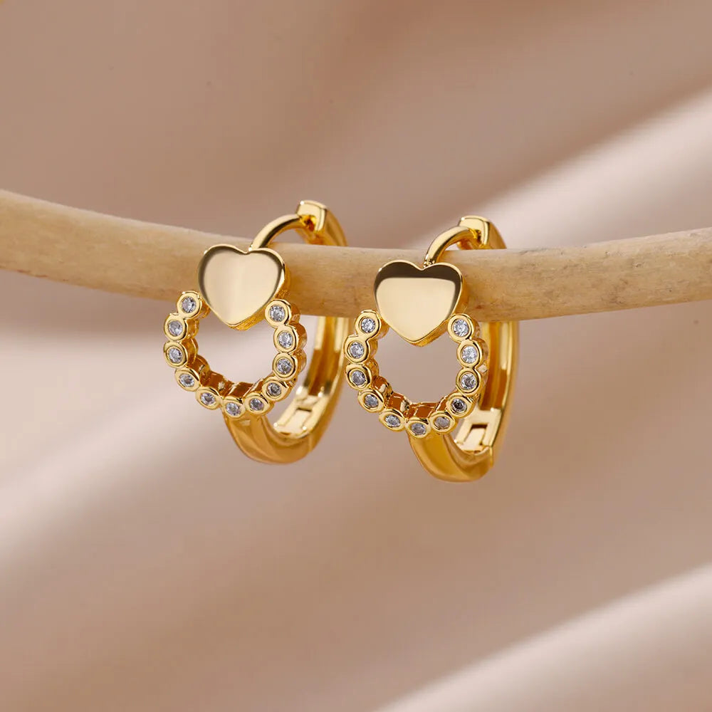 Heart hoop earrings in stainless steel with cubic zirconia, gold-tone heart charm pave hoop style - Varex HQ