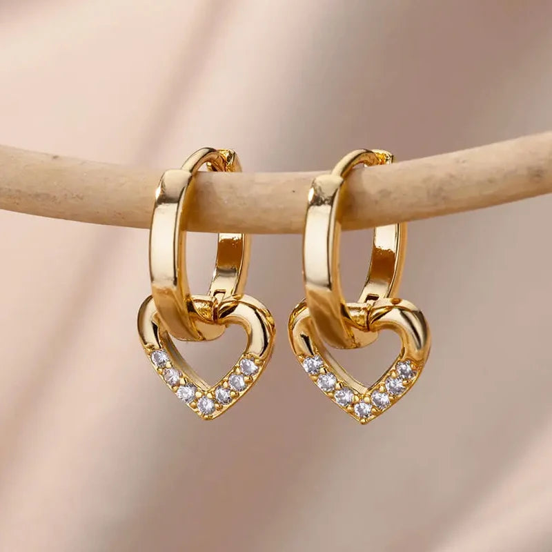 Heart hoop earrings in stainless steel with cubic zirconia, gold-tone heart dangle hoop style - Varex HQ