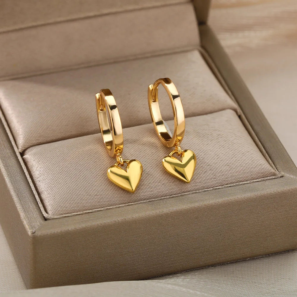 Heart hoop earrings in stainless steel, gold-tone plain heart dangle hoop style - Varex HQ