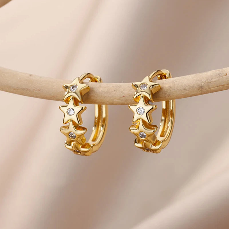 Heart hoop earrings in stainless steel with cubic zirconia, gold-tone star hoop with crystals - Varex HQ