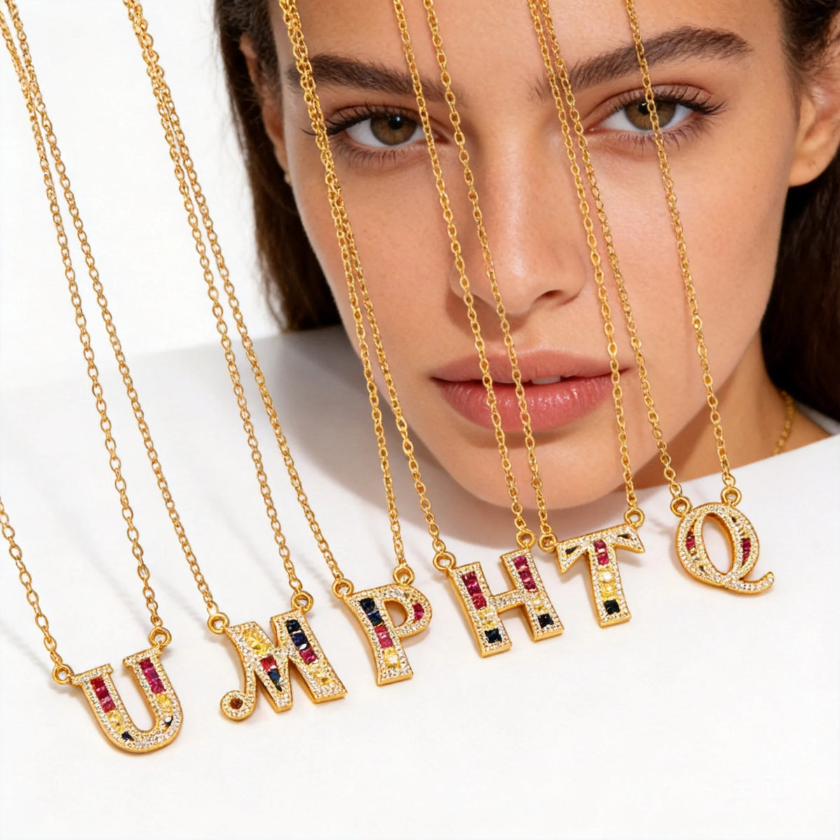Personalized gold-plated initial pendant necklace with cubic zirconia - front view - Varex HQ
