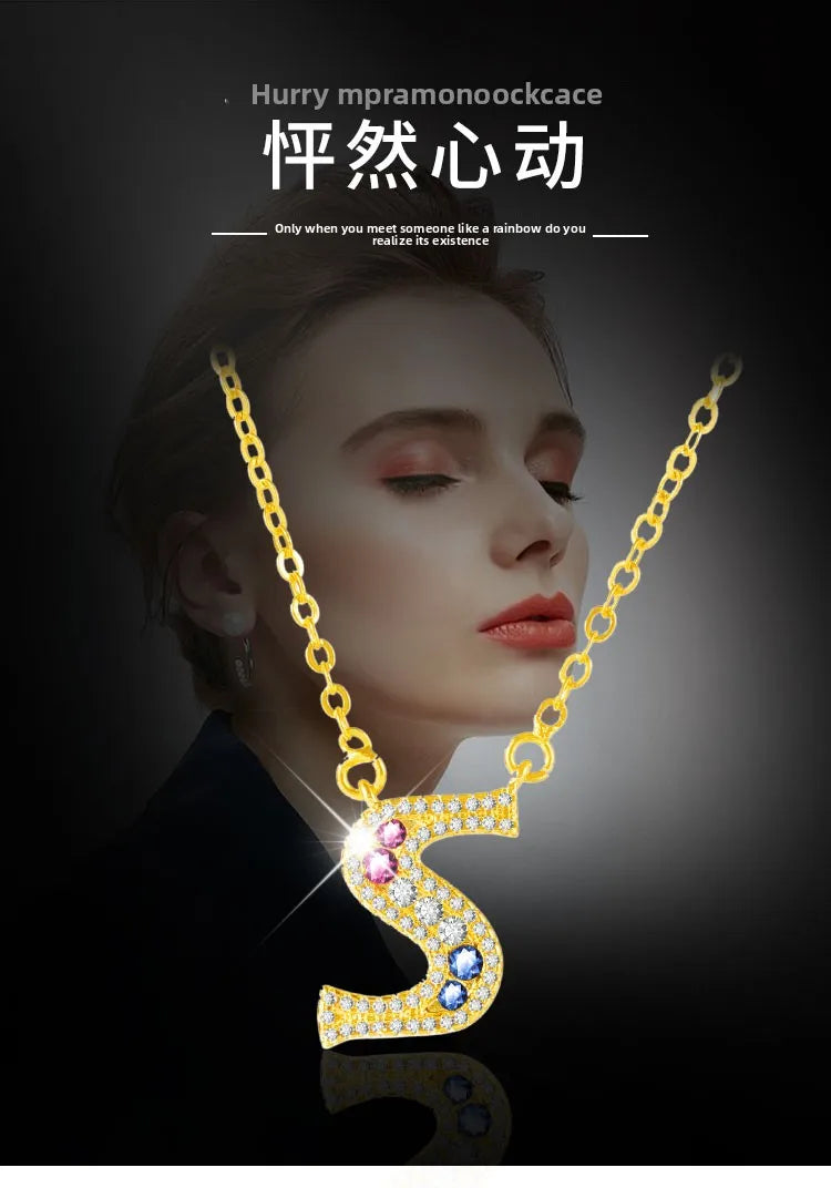 Personalized gold-plated initial pendant necklace with cubic zirconia - clasp and chain detail - Varex HQ