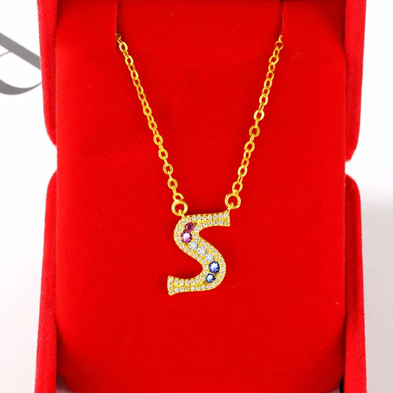 Personalized gold-plated initial pendant necklace with cubic zirconia - alternate styling - Varex HQ