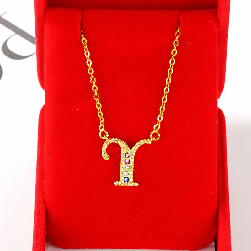 Personalized gold-plated initial pendant necklace with cubic zirconia - on-model detail - Varex HQ