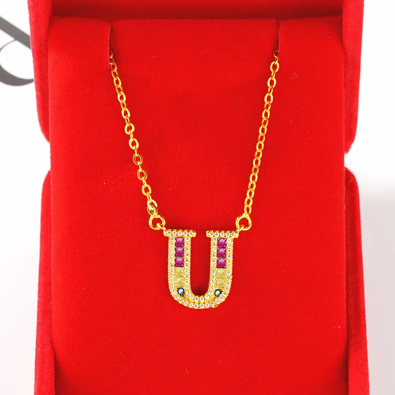 Personalized gold-plated initial pendant necklace with cubic zirconia - size and scale reference - Varex HQ