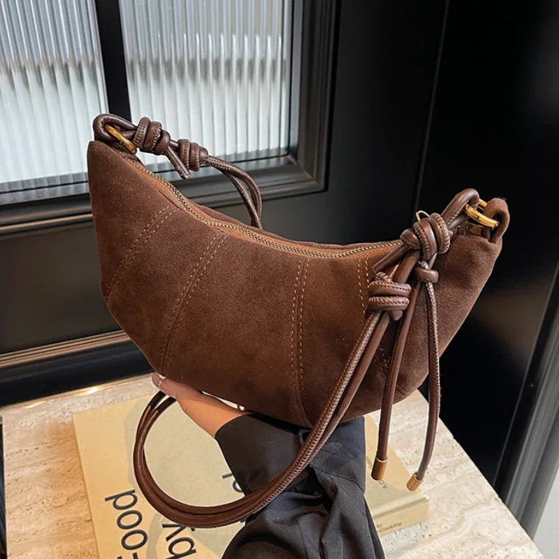 Knotted-Strap Faux Suede Crescent Hobo Bag, additional product photo – Varex HQ