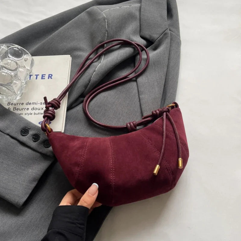 Knotted-Strap Faux Suede Crescent Hobo Bag, Burgundy-Faux Suede – Varex HQ