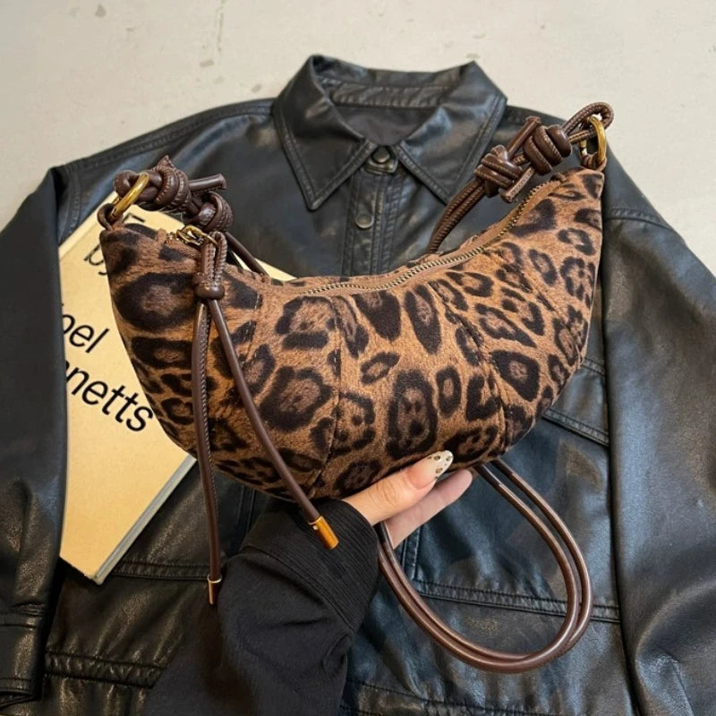 Knotted-Strap Faux Suede Crescent Hobo Bag, Leopard Brown-Faux Suede – Varex HQ