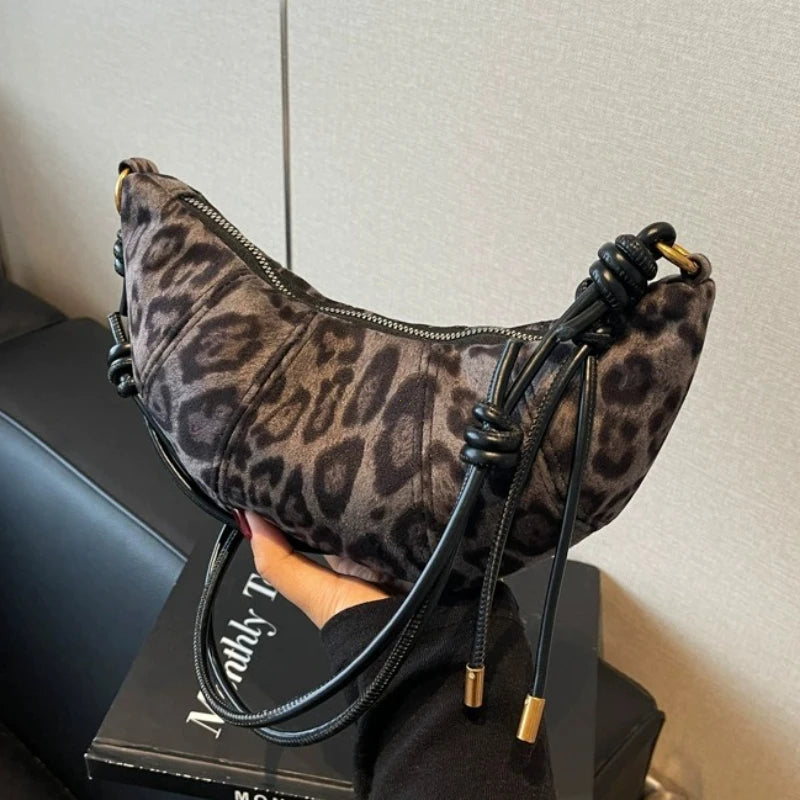 Knotted-Strap Faux Suede Crescent Hobo Bag, Leopard Black-Faux Suede – Varex HQ