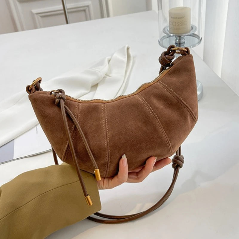 Knotted-Strap Faux Suede Crescent Hobo Bag, Khaki-Faux Suede – Varex HQ