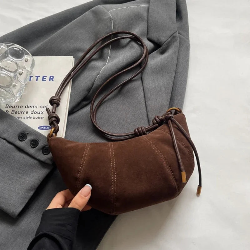 Knotted-Strap Faux Suede Crescent Hobo Bag, Coffee-Faux Suede – Varex HQ
