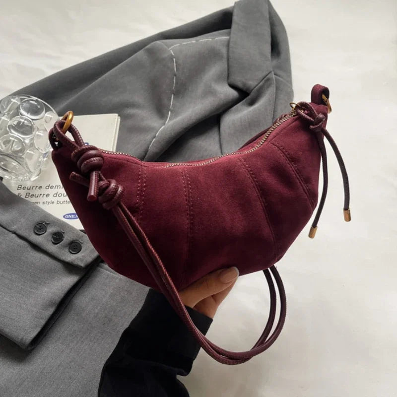 Knotted-Strap Faux Suede Crescent Hobo Bag, additional product photo – Varex HQ