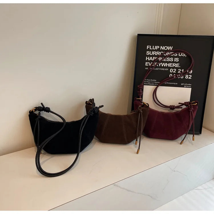 Knotted-Strap Faux Suede Crescent Hobo Bag, additional product photo – Varex HQ