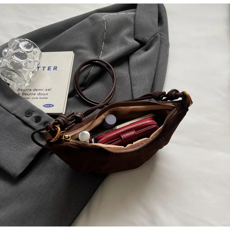 Knotted-Strap Faux Suede Crescent Hobo Bag, additional product photo – Varex HQ