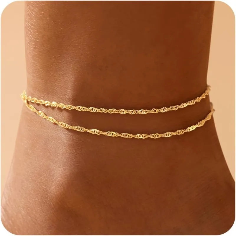Gold-plated layered anklet and bracelet set, front view, Varex HQ