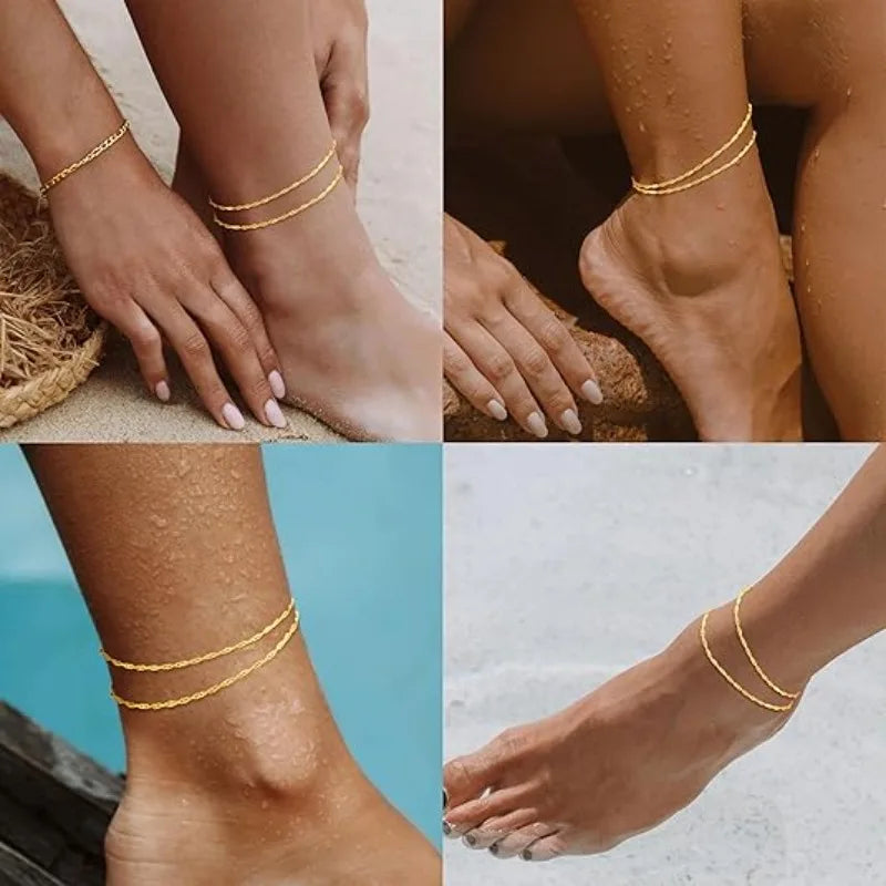 Gold-plated layered anklet and bracelet set worn on wrist and ankle, Varex HQ
