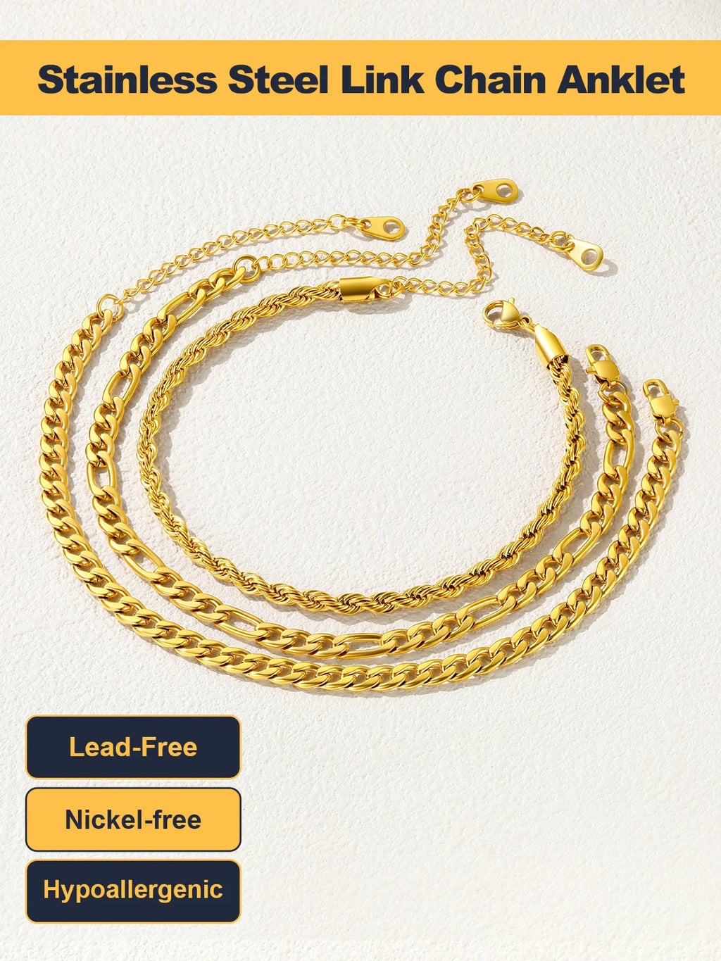 Layered chain anklet set worn on model's ankle lifestyle shot