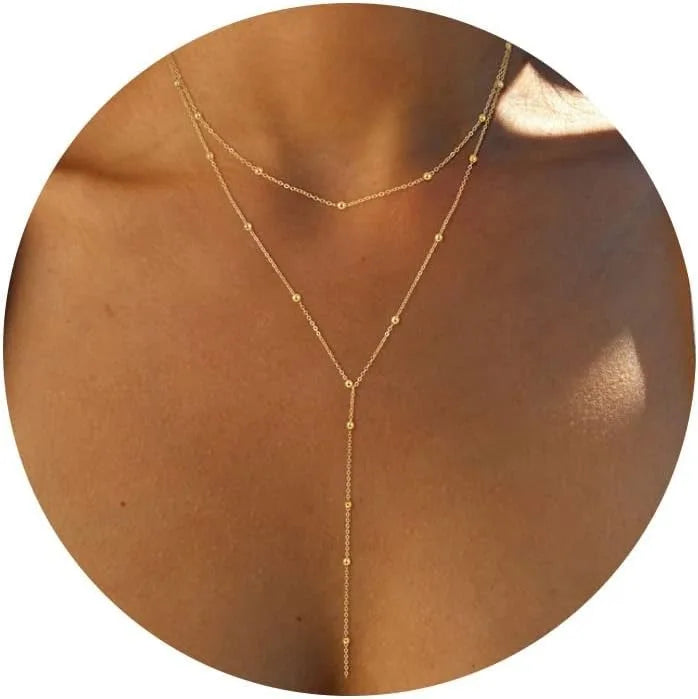 Layered Y-shape gold-plated pendant necklace with beaded chain drop - front view - Varex HQ