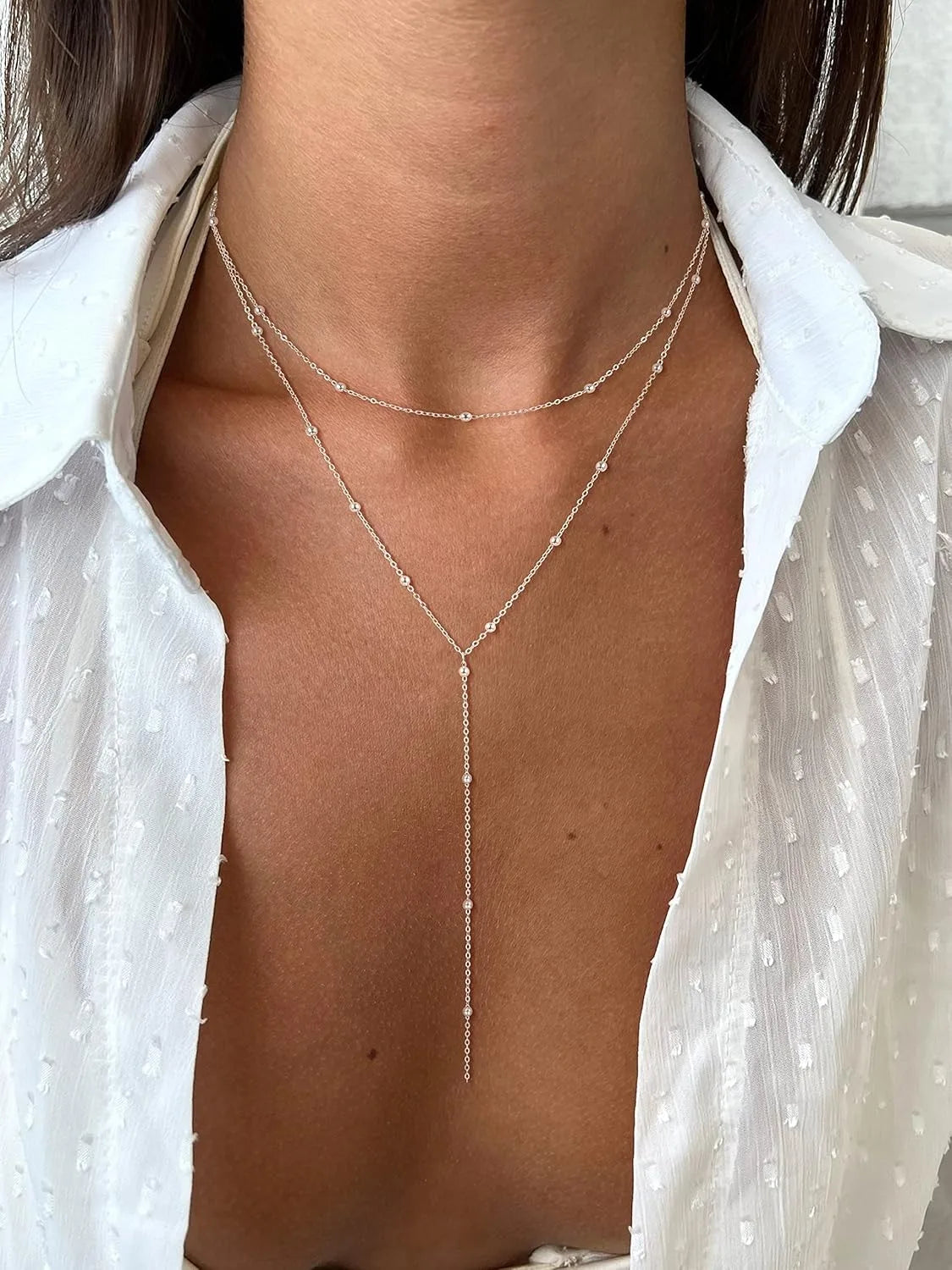 Layered Y-shape gold-plated pendant necklace with beaded chain drop - styling angle - Varex HQ