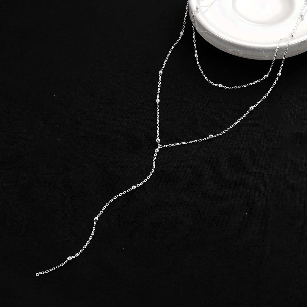 Layered Y-shape gold-plated pendant necklace with beaded chain drop - clasp and chain detail - Varex HQ