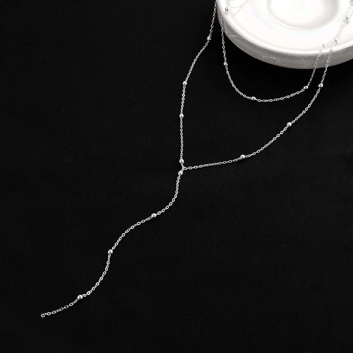 Layered Y-shape gold-plated pendant necklace with beaded chain drop - clasp and chain detail - Varex HQ