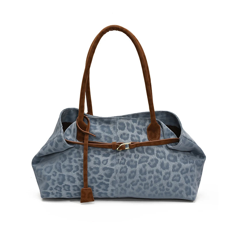 Leopard Print Vegan Leather Tote Bag, Blue – Varex HQ