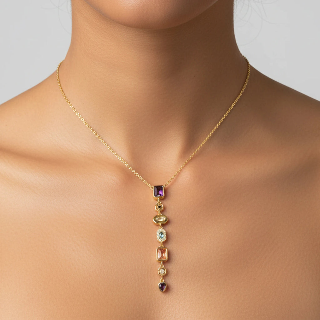 Long gold-plated pendant necklace with colored zircon drop - front view - Varex HQ