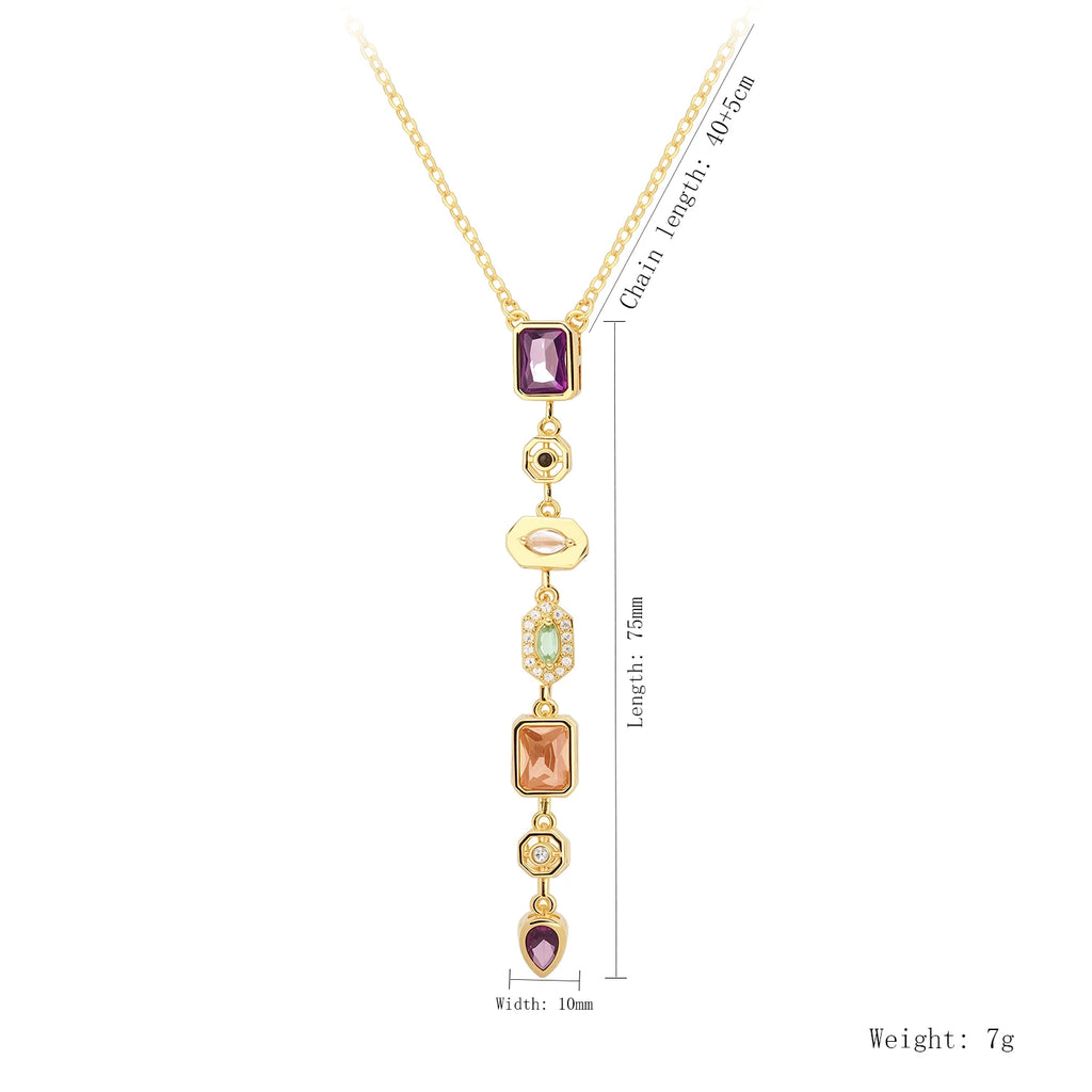 Long gold-plated pendant necklace with colored zircon drop - worn on the neck - Varex HQ