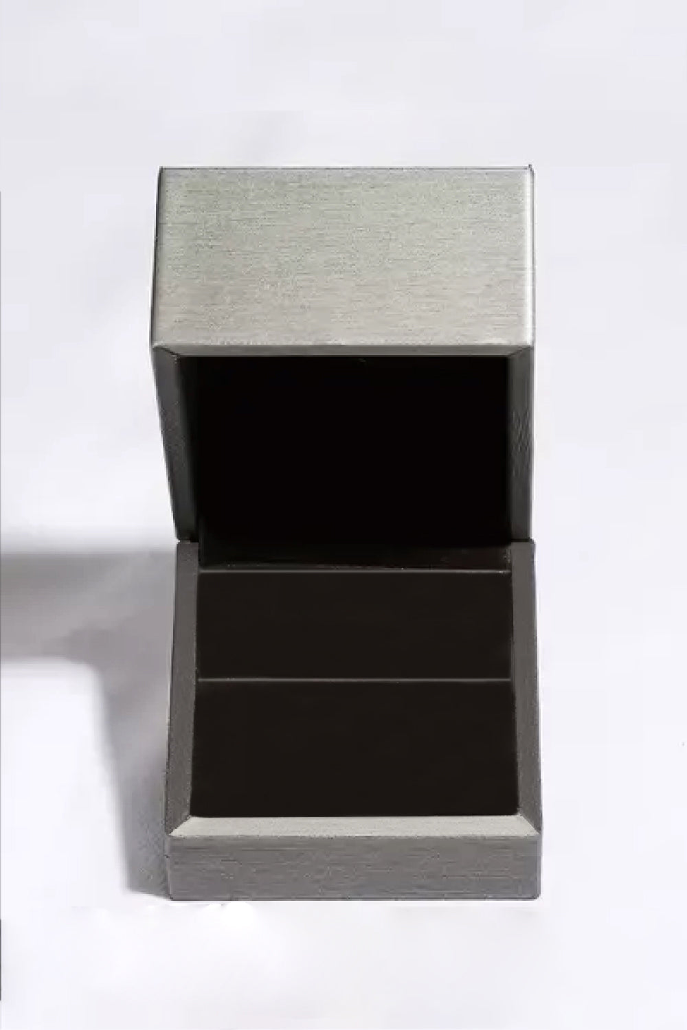 Open brushed-metal grey luxury jewelry presentation gift box by Varex HQ.