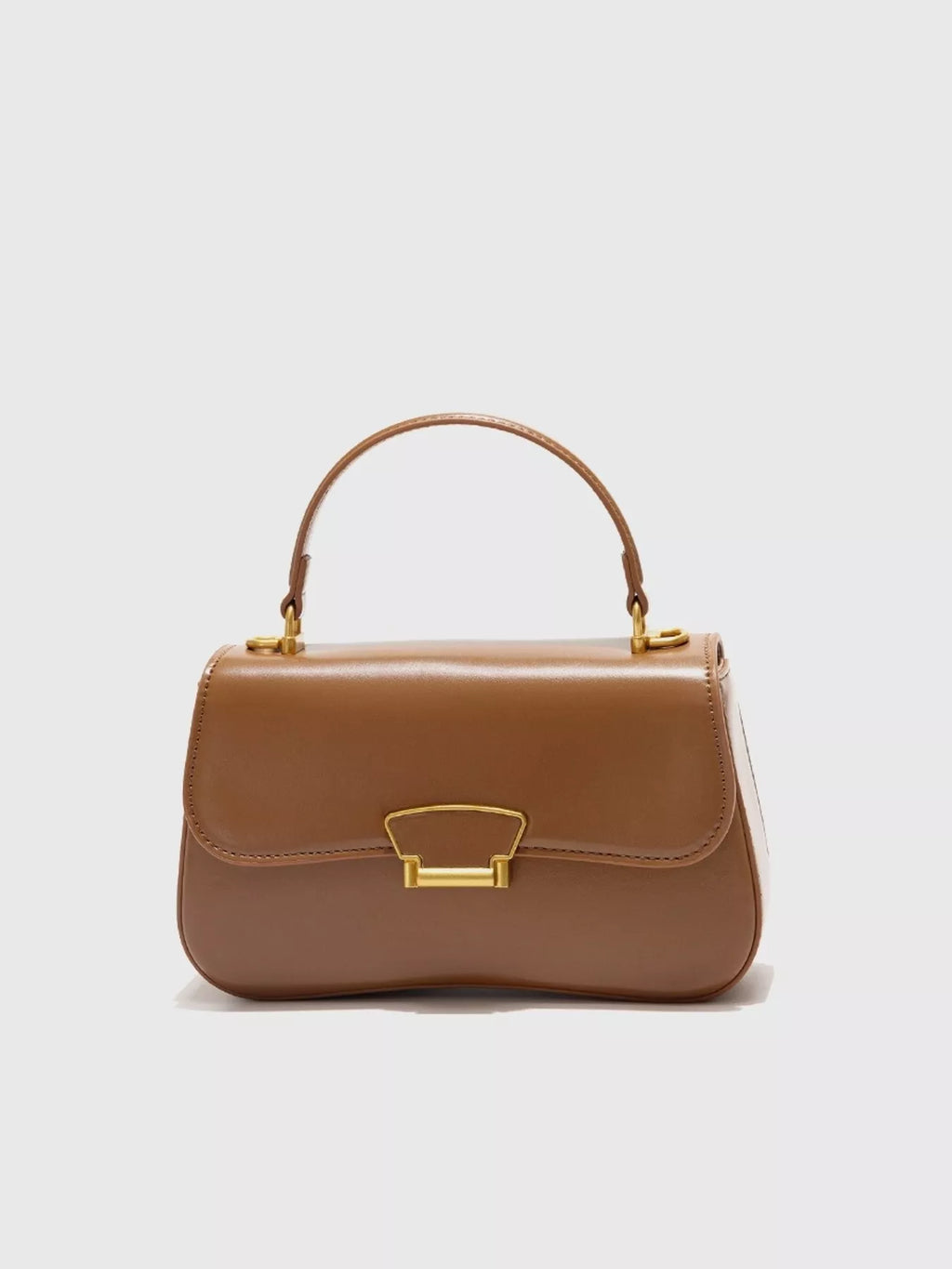 Mini brown vegan leather crossbody bag - front view showing turn-lock clasp
