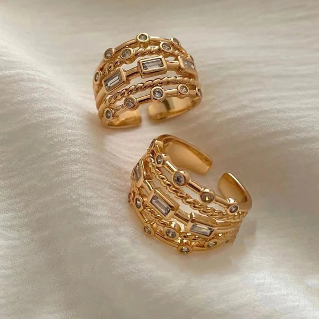 Side profile of multi-row gold-tone statement ring