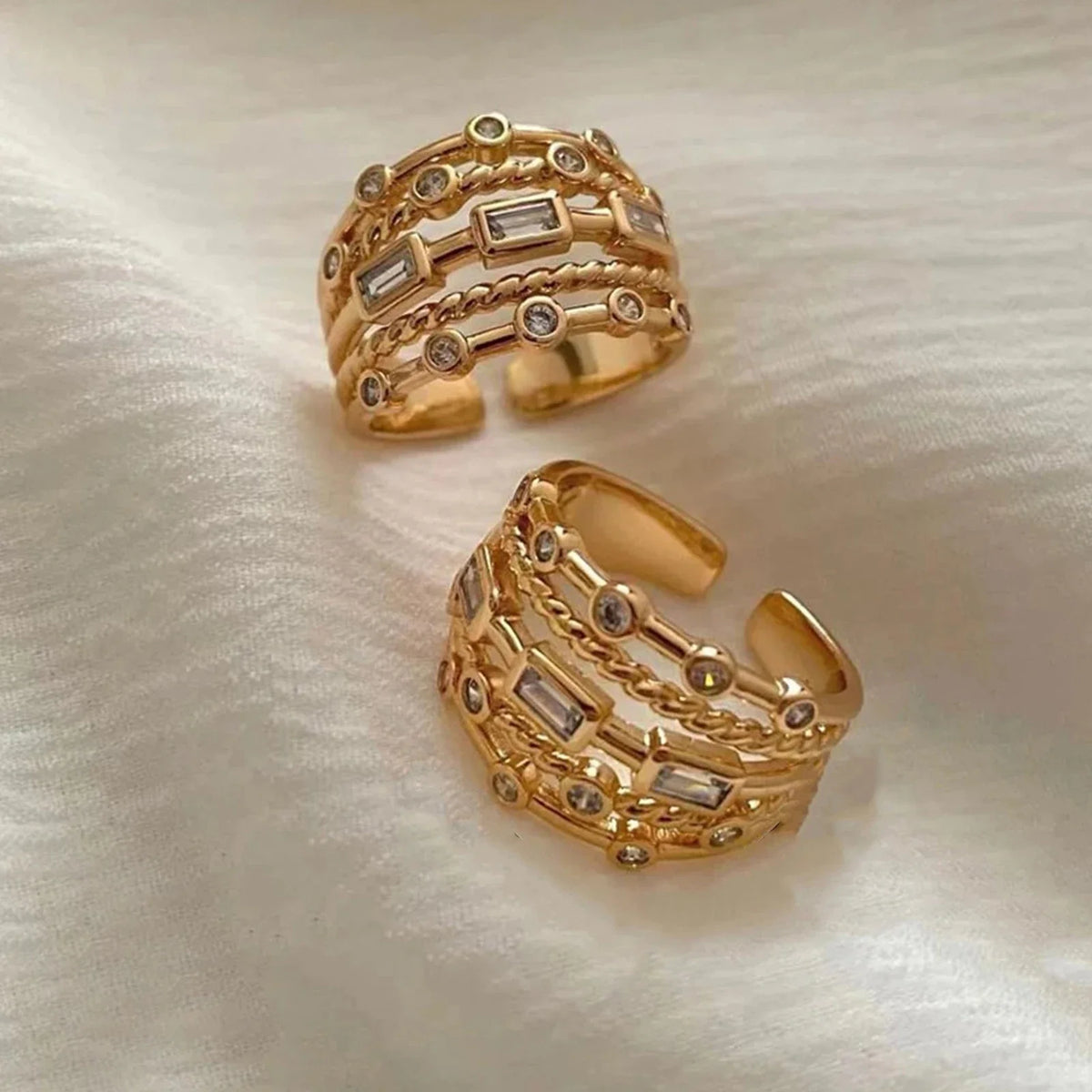 Side profile of multi-row gold-tone statement ring