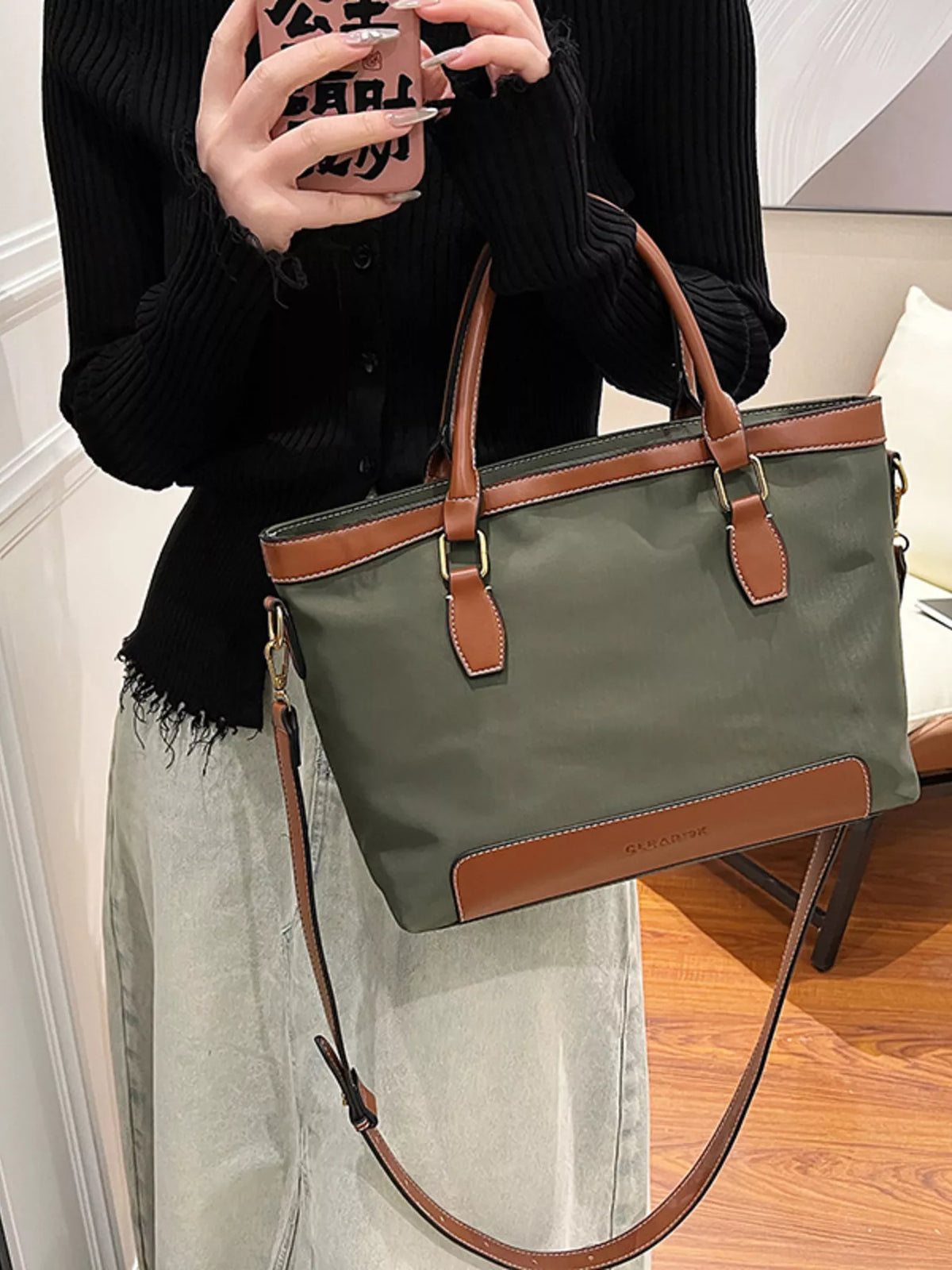 Olive green two-tone vegan leather tote bag - front view with contrast tan trim