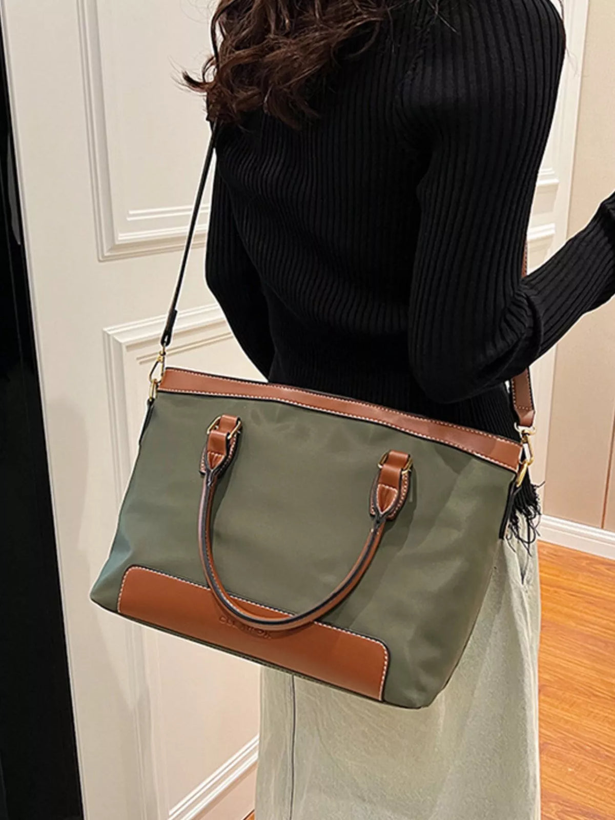 Olive green vegan leather tote bag - interior view showing zip-top closure