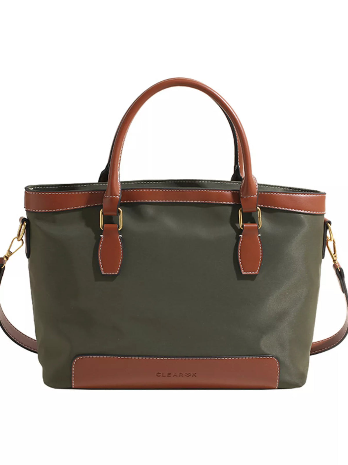 Olive green two-tone vegan leather tote bag - tan leather trim and stitching detail