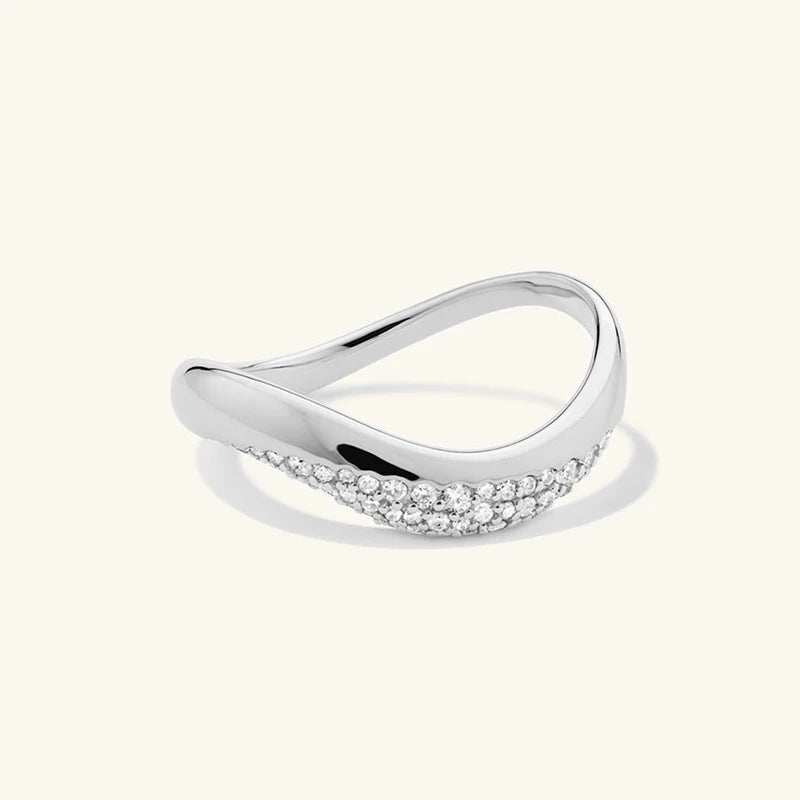 Pave wave dome ring in silver-tone finish, front view