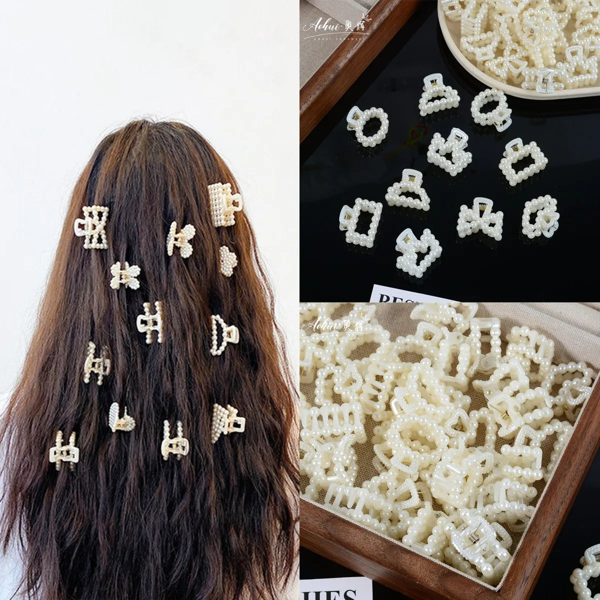 Pearl Hair Claw Clip Set in assorted pearl shapes, front view - Varex HQ