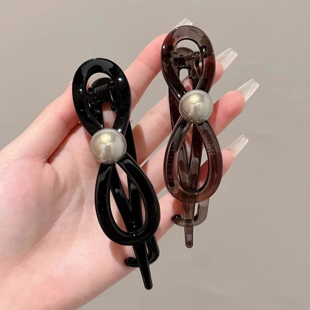 Pearl Mini Hair Claw Clip in acrylic with faux pearl accents, worn in hair - Varex HQ
