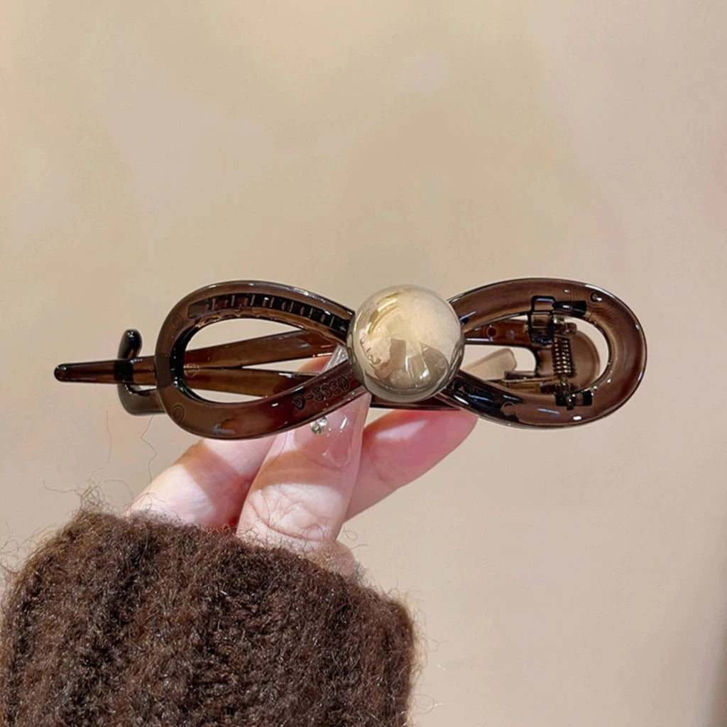 Pearl Mini Hair Claw Clip in acrylic with faux pearl accents, styling detail - Varex HQ