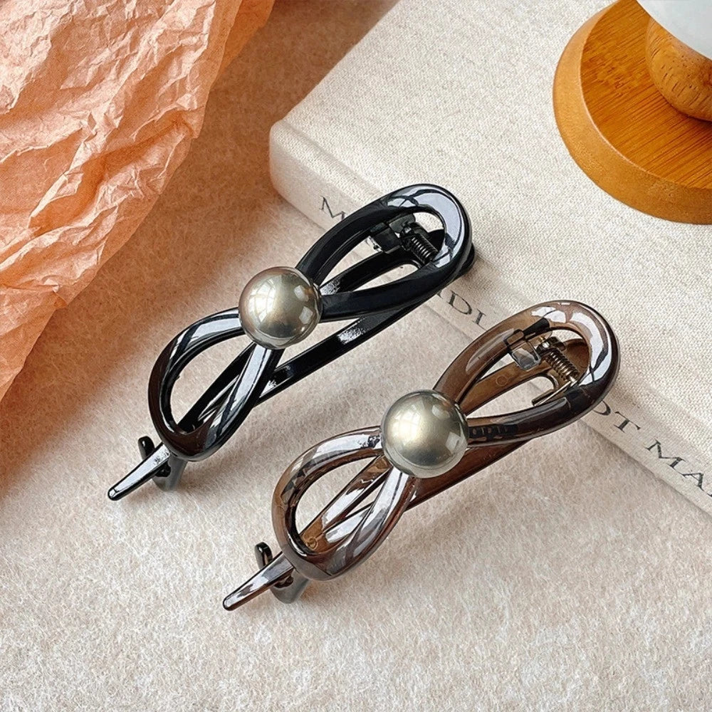 Pearl Mini Hair Claw Clip in acrylic with faux pearl accents, side view - Varex HQ