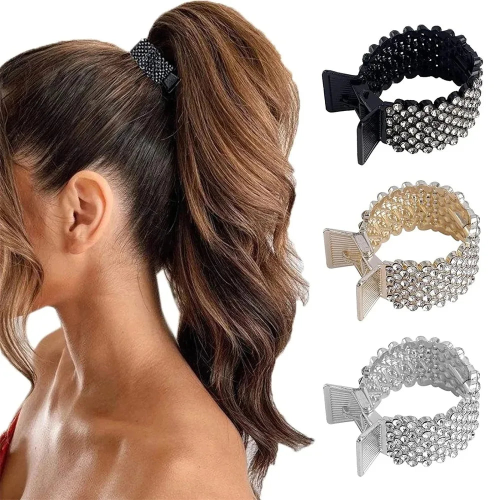 Pearl Rhinestone Hair Claw Clip in gold and silver-tone rhinestone finish, front view - Varex HQ