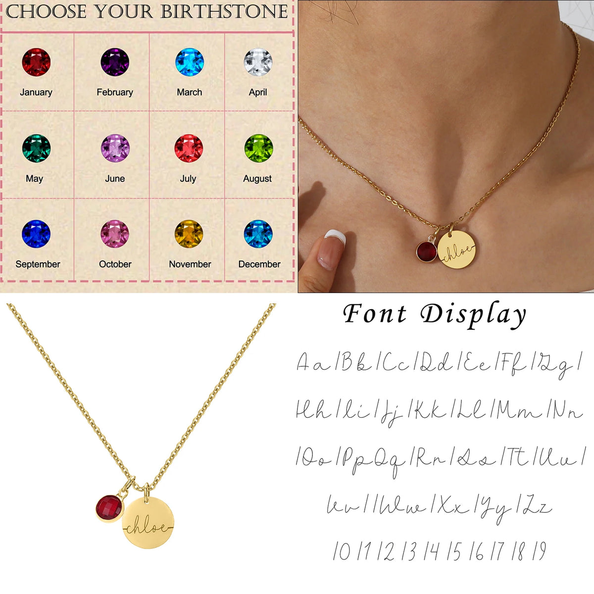 Personalised Birthstone Necklace | Custom Name Pendant Gift for Mum, Christmas Jewellery, additional product photo – Varex HQ